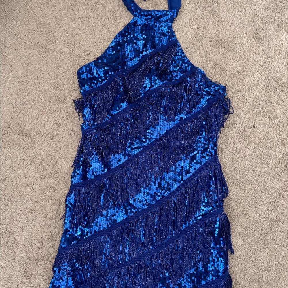 Royal Blue Sequin Fringe Halter Dress